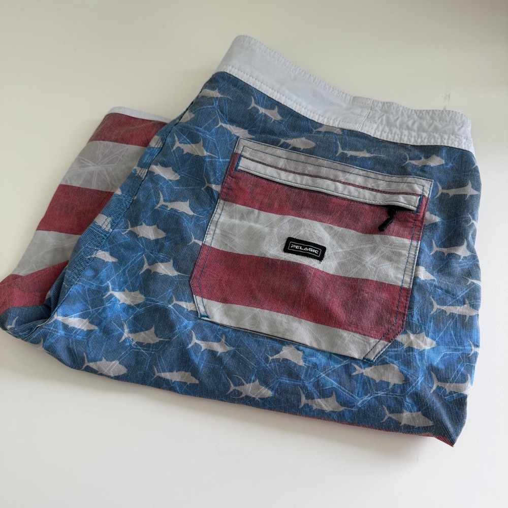 Pelagic High Performance Men American Flag Shark Board Shorts Size 40 Blue Red